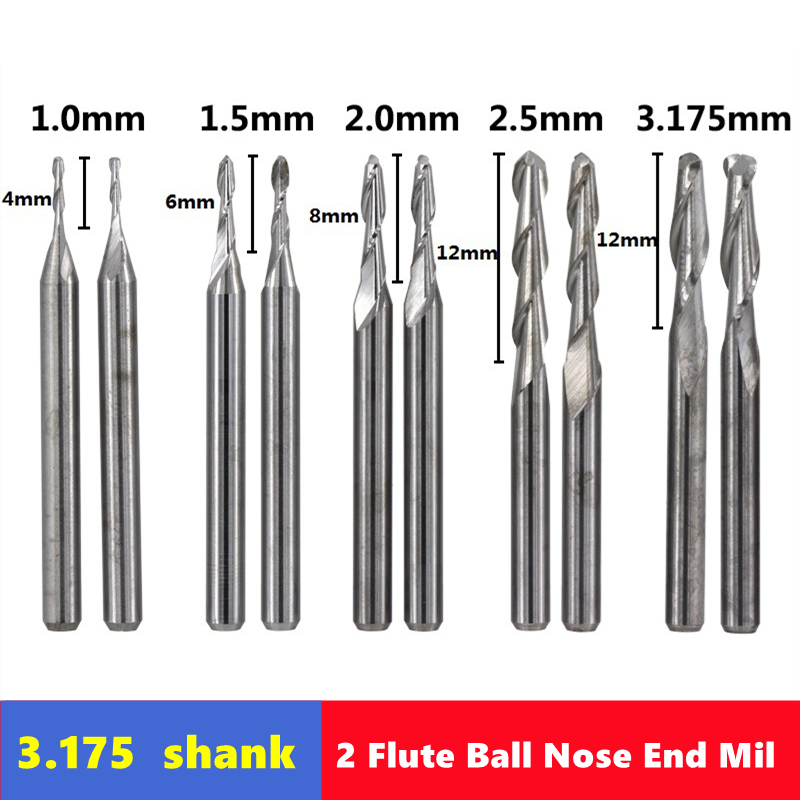 3.175mm Shank 2-Flute Ball Nose End Mill (10-Piece Set)